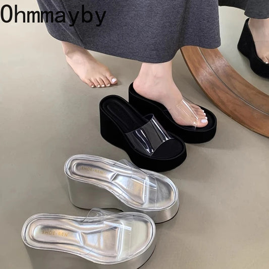 Chunky Woman Slippers Fashion PVC Transparent Platform Wedges Heel