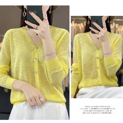 Summer Sunscreen Ice Silk Cardigan Women's V-Neck Long Sleeve Loose Knitted