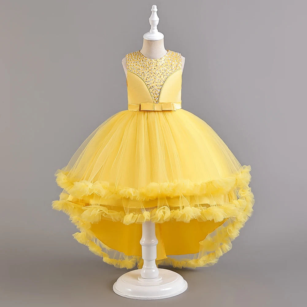 Yellow Sleeveless Children's Performance Dress Bow Tail Dress