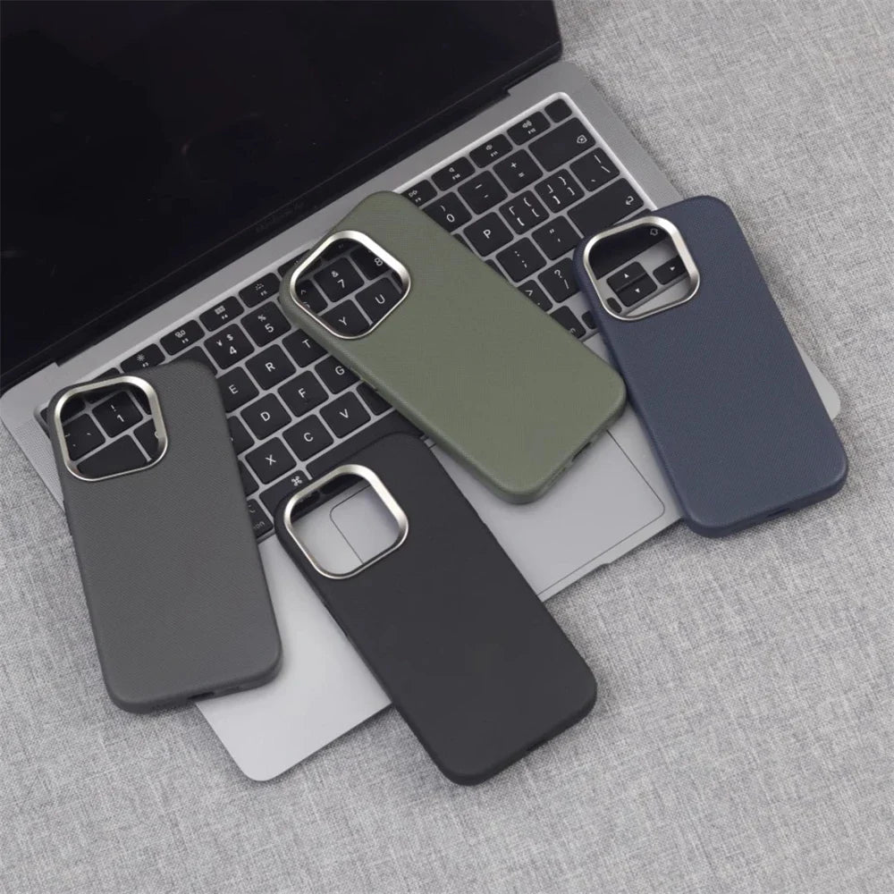 Luxury Alloy Lens Frame Particle PU Leather Magnetic Case For iPhone 17 16 Pro Max 15 14 13 For Magsafe Wireless Charging Cover