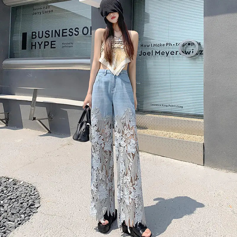 Fashion Elegant Jeans for Women High Waist Lace Patchworl Hollow Out Irregular