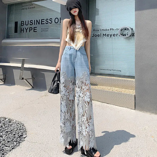 Fashion Elegant Jeans for Women High Waist Lace Patchworl Hollow Out Irregular