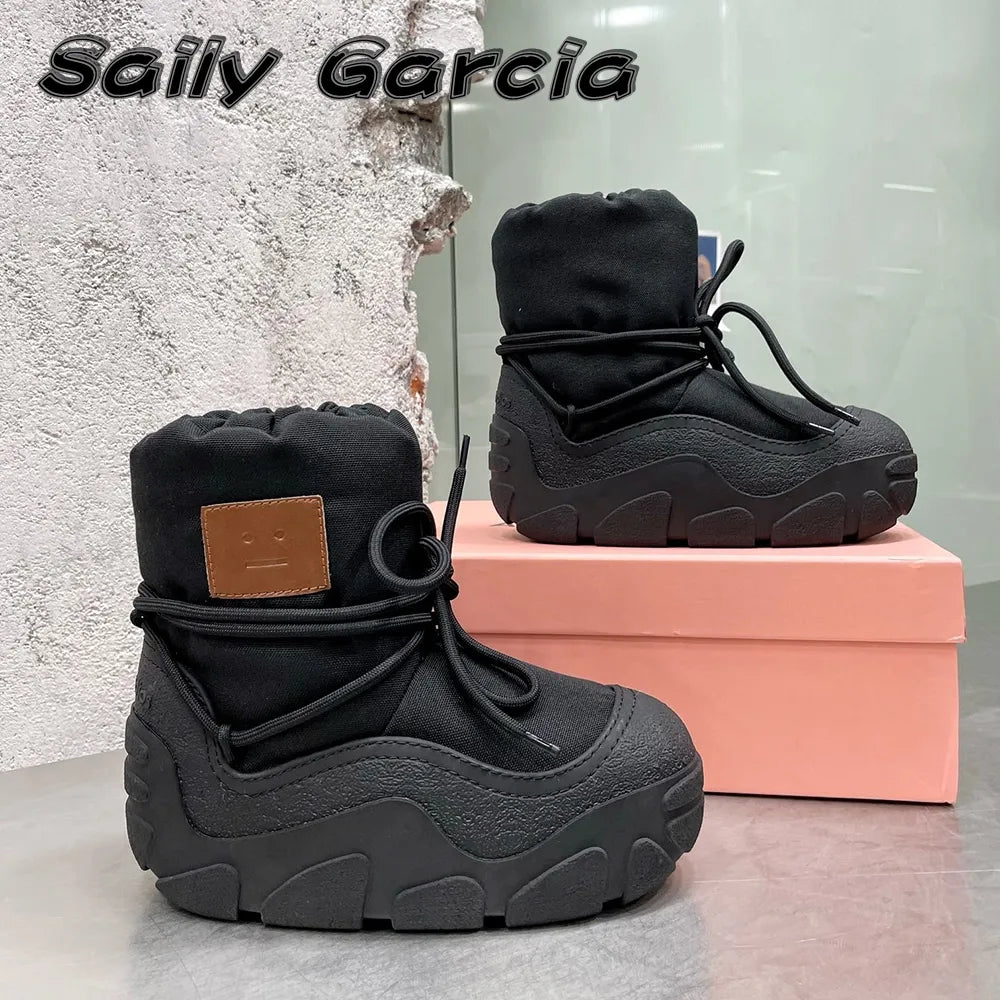 Bottom Short Plush Thick Bottom Snow Boots Winter Smile Face Lace Up Boots