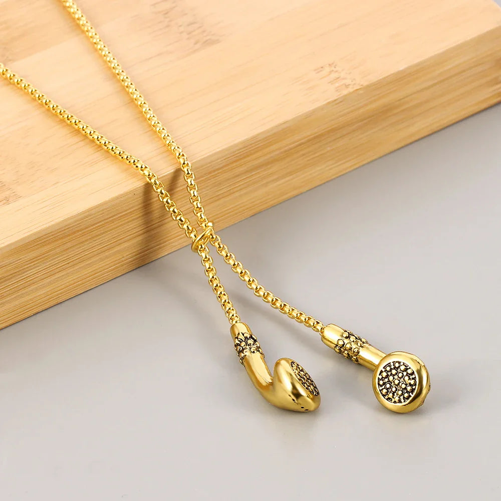 Fashion Necklace Hip-hop Kirsite Music Headphones Earbuds Pendant Metal Men Clothing Accessories Necklace