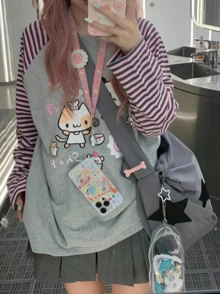 Y2k Harajuku Kawaii Striped Hoodie Women Japanese Fashion Patchwork