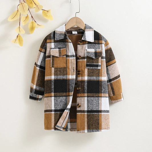 Coats 4-7 Years Brown Plaid Long-Sleeved Coat For Little Girls Preppy Style England Style Retro Coat