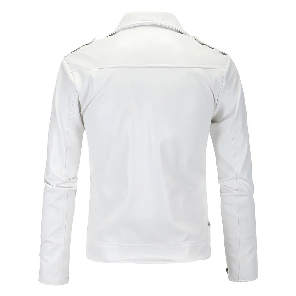 Mens Leather Jackets White Black Casual Lapel Slim Fit Diagonal Zipper