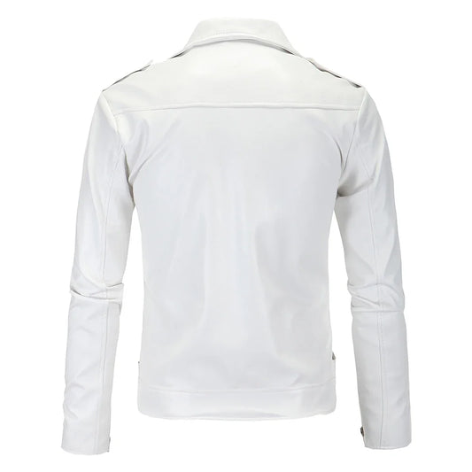 Mens Leather Jackets White Black Casual Lapel Slim Fit Diagonal Zipper