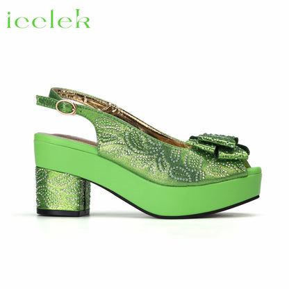 2023 New Arrival Shoes Matching Bag Set in Lemon Green Decorated with Crystal For Ladies Wedding Party