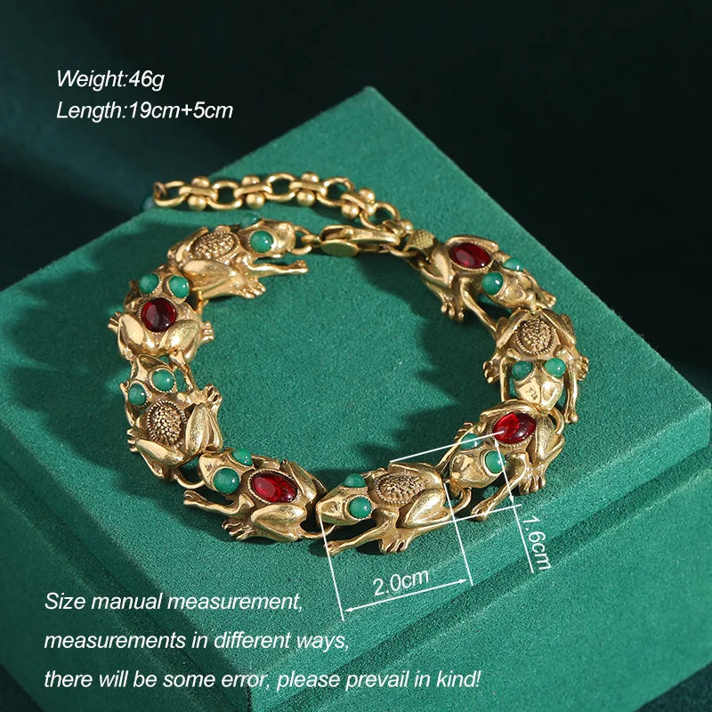 Vintage Adjustable Frog Charm Bracelet with Natural Stone Eyes - 18K Gold Plated Unique Jewelry for Women