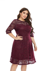 Plus Size Contrast Lace Semi Sheer 3/4 Sleeve Midi Dress, Women's Plus Slight Stretch