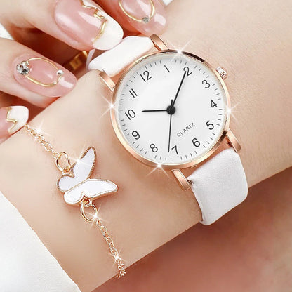 6PCS/Set Women's Watch Casual Arabic Dial Quartz Watch Analog PU Leather Wrist Watches Butterfly Jewelry Set(Without Box)