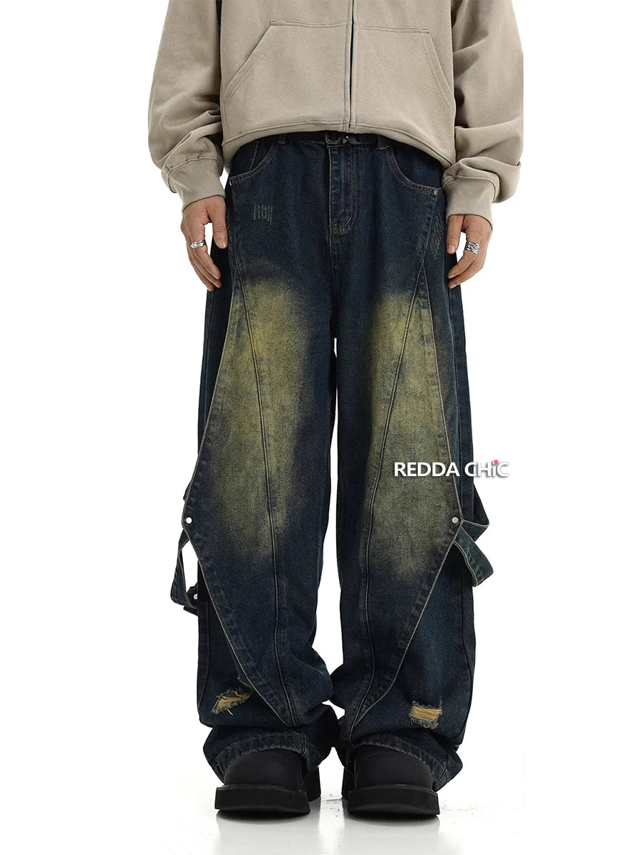 Belt Deconstructed Baggy Jeans Men Vintage Wash Destroyed Frayed
