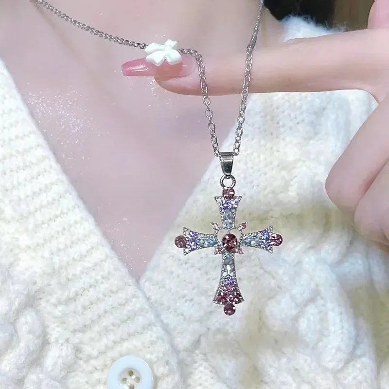 Crystal Cross Pendant Necklace for Women Girls  Shiny Sweet Chain Punk Party Fashion Pendant Fashion Y2K Jewelry Accessories