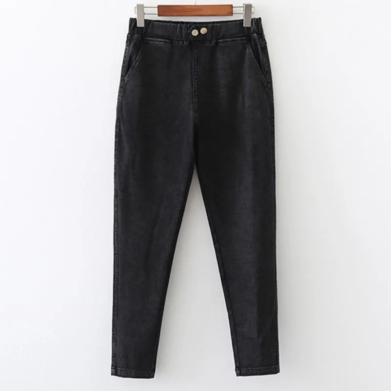 Autumn Clothes Women Jeans Plus Size Slim Two Buttons High Waist Pencil Pants