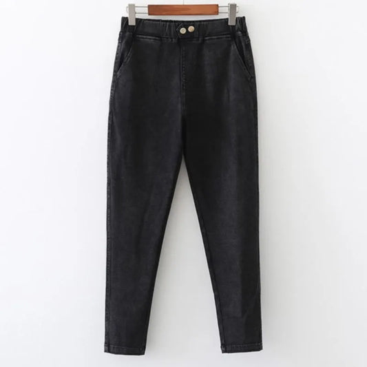 Autumn Clothes Women Jeans Plus Size Slim Two Buttons High Waist Pencil Pants