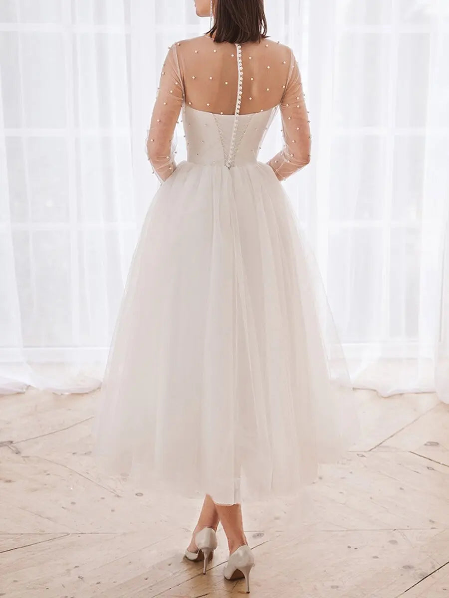 Evening Dresses O-Neck A-LINE Tea-Length Long Sleeved Lace of Formal Dress Women