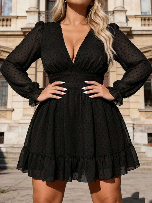 New Sexy V-Neck Short Dress Plus Size Solid Polka Dot Long-Sleeve American Slim A-Line Skirt Elegant Party Women's Evening Dress