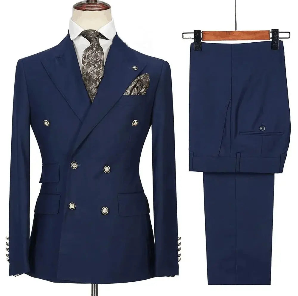 Tuxedo for Mens: Navy Blue Men Suit Two-piece Jacket Pants Double Breasted Buckle