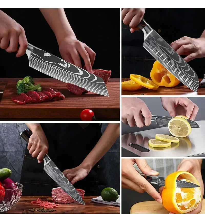 Professional Damascus Kitchen Knives Japanese Santoku Cleaver Slicing Knife Stainless