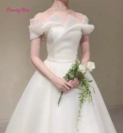 Ivory Wedding Dress Off-Shoulder Floor Length Short Sleeves