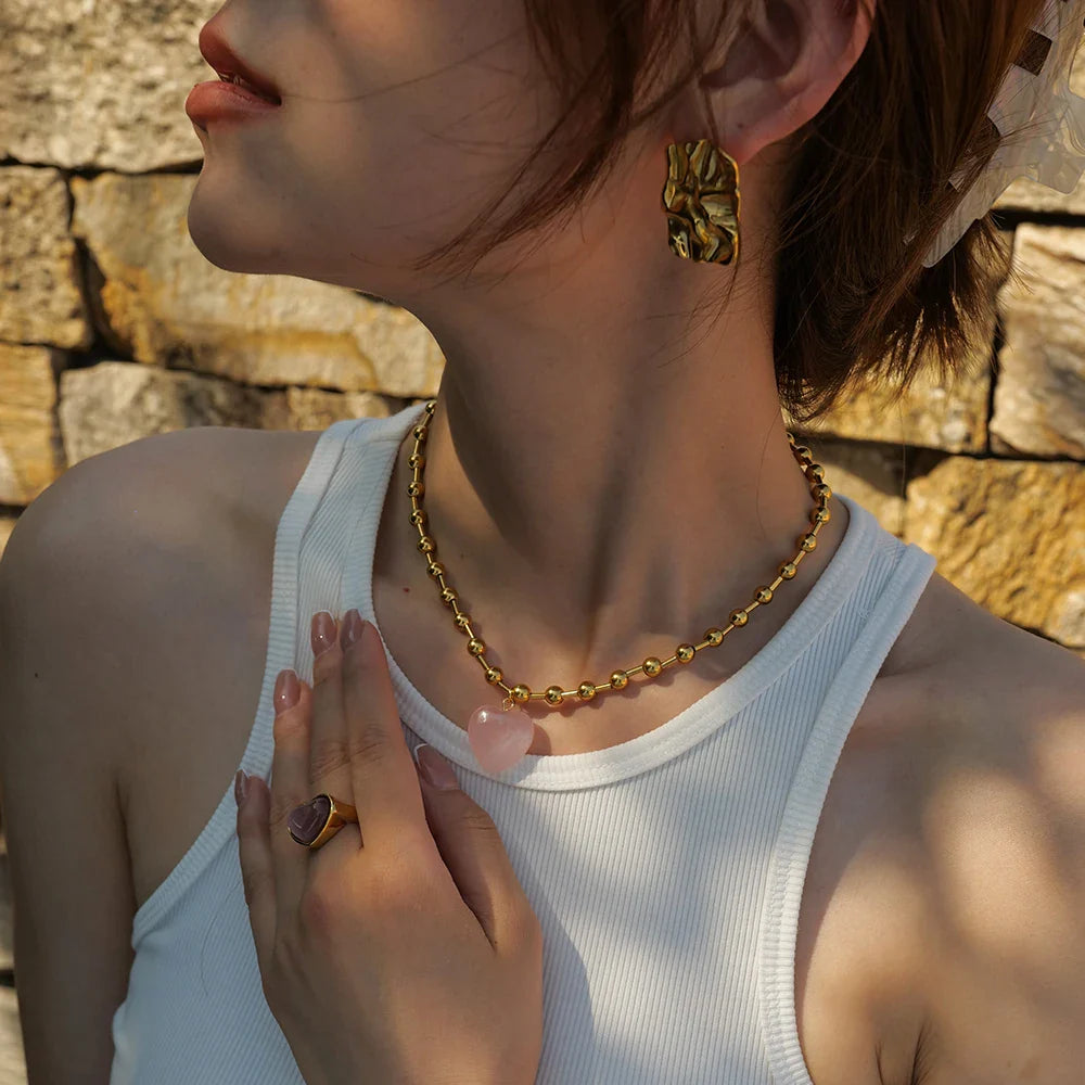 Youthway Delicate Clear Glass Heart Stainless Steel Necklace Bracelet Set Waterproof Golden Trendy Jewelry Boucle Oreille Femme