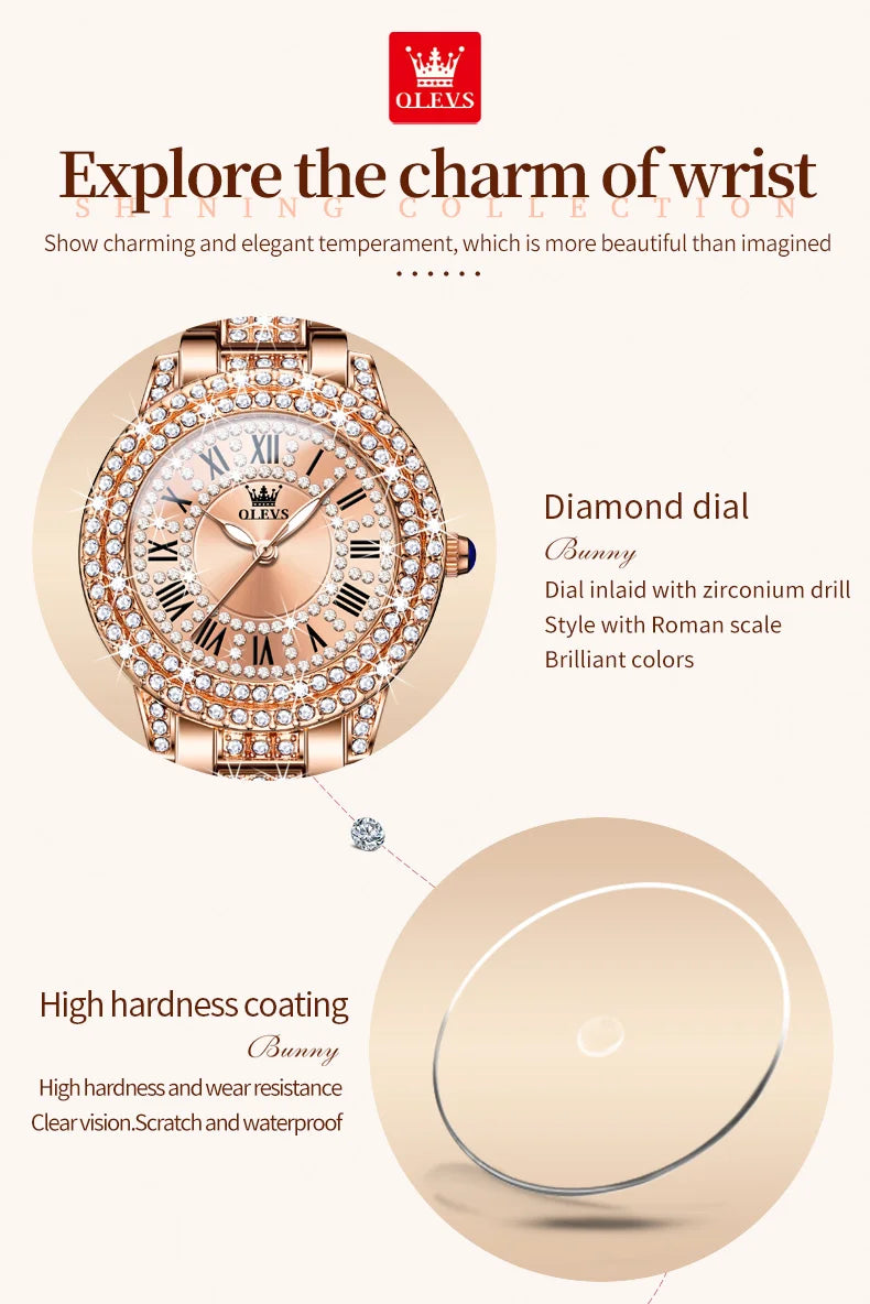 OLEVS 9943 Luxury All Diamond Original Quartz Watch for Women Elegant Rose Gold Stainless Steel Waterproof Ladies Wrist Watches