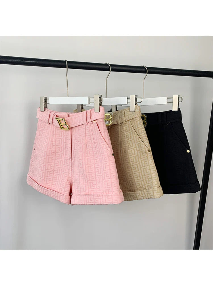 5 Colors for Option Pink Texture Washed Denim Shorts for Women with Belt Casual Style Quality Jeans Trousers