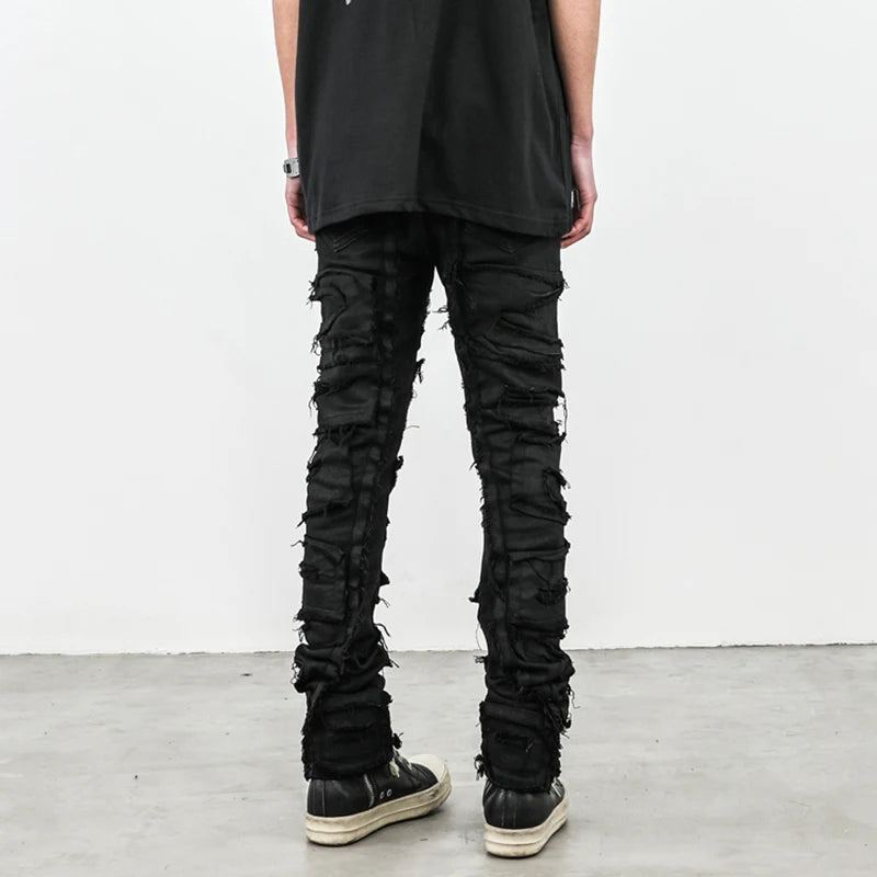 Mens Black Skinny Denim Jeans Heavy Destruction Washed Ripped Tapered Biker Jeans