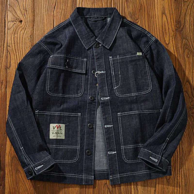Autumn Retro Cargo Denim Jacket Men's Clothes Casual Jeans Coat