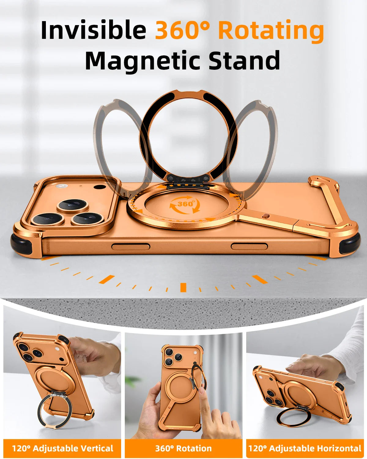 Phone Case for iPhone 17 Pro/Pro Max/17/Air with 360° Rotatable Stand Metal Frameless Magsafe Protective Shockproof