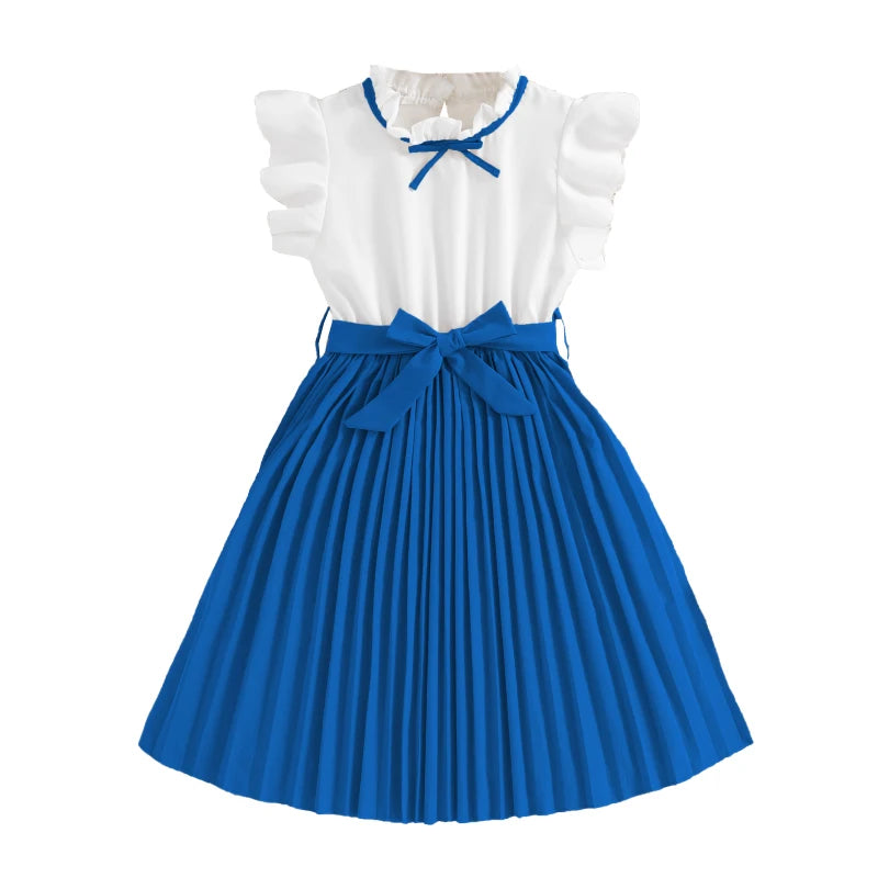 Kids Dress For Girls White Petal Sleeves Pleated Khaki Skirt &Bow tie Preppy Style Elegant Birthday Party Clothes For 8-12 Years
