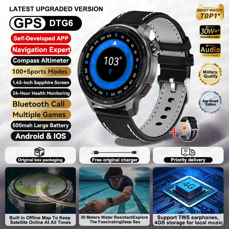 NEW GPS Offline Maps Smart Watch 1.43" AMOLED Military Sports Smartwatch 4GB Memory Video Player 30m Swim Waterproof Bracelet