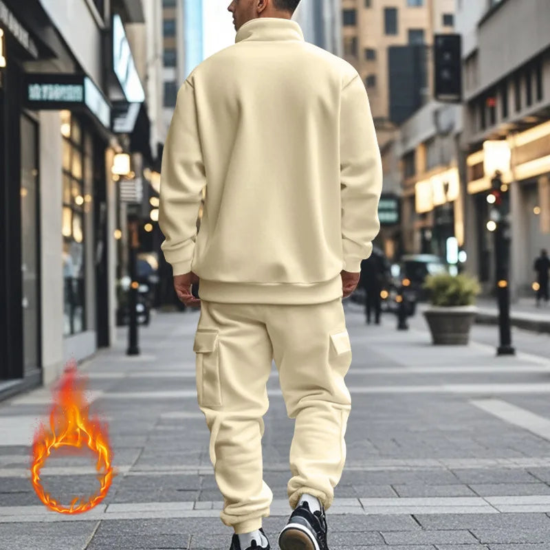 2024 autumn and winter men's casual velvet warm zipper sports trousers set