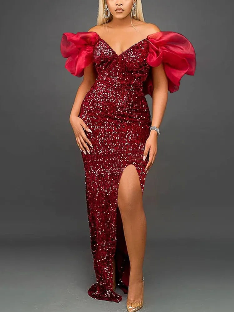 Homecoming Dresses: Off Shoulder Fluffy Sleeve High Slit Velvet Robes Big Size