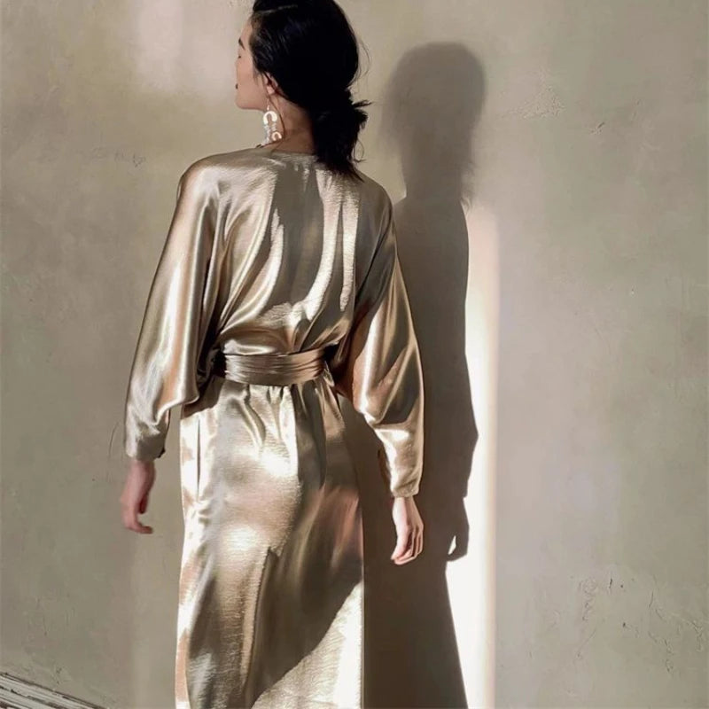 Evening Dresses: Long Dress Women Glossy Long Sleeve V Neck Evening Wrap