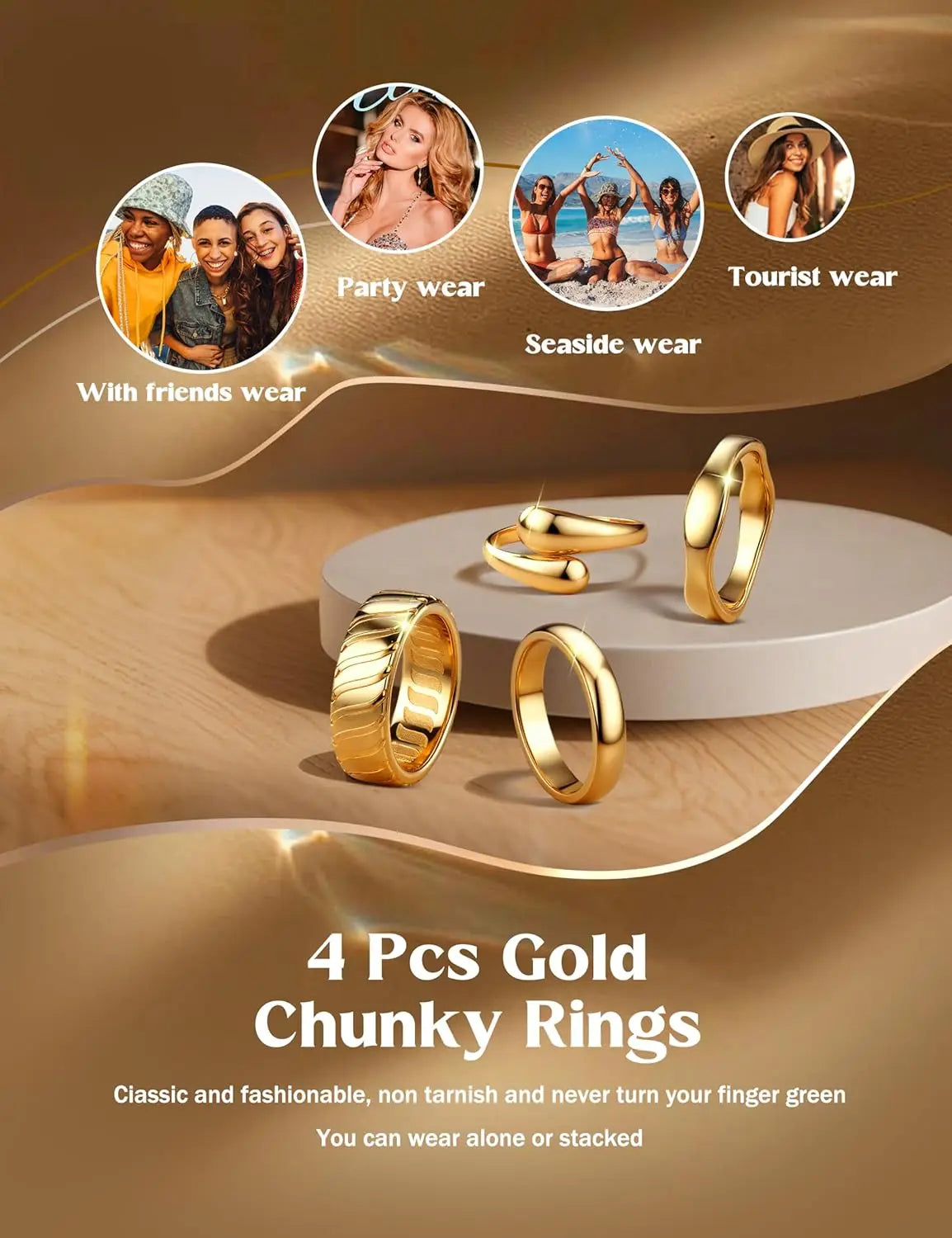 4Pcs Chunky 14K Gold Plated Rings for Women Non Tarnish Statement Rings Set Fashion Stackable Ring Trendy Waterproof Rings Jewel