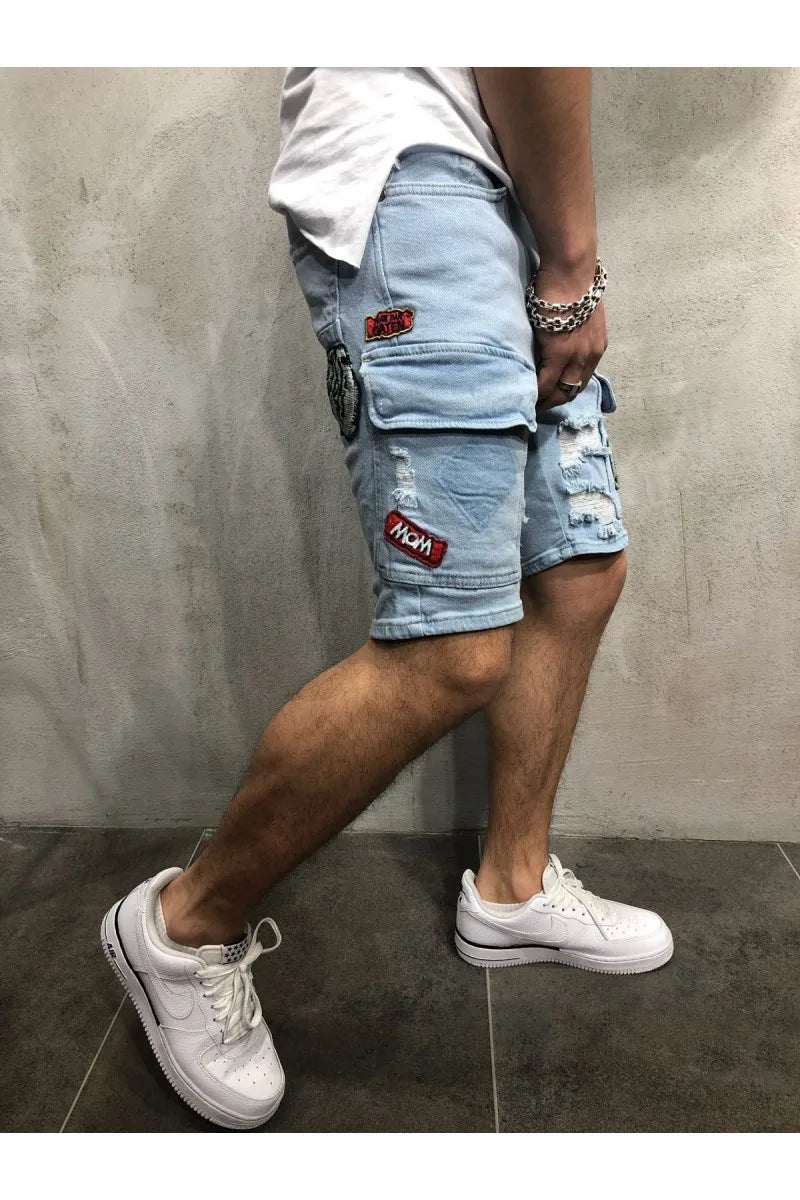 2026 Men's Summer Short Jeans High Stretch Fashion Casual Denim Shorts Male Slim Fit Elastic Badge Pockets Hole Shorts for Men