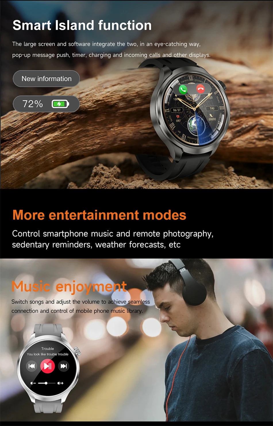 BOXUXING 1.85-inch Smart Watch Men Sport Waterproof Fitness Heart Rate Watches Compass GPS Track NFC Bluetooth Call Smartwatch