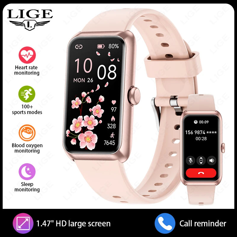 LIGE New Sport Fitness Tracker Smart Bracelet Heart Rate Blood Oxygen Monitor Call Reminder 1.47" Smartwatch Band For Men Women