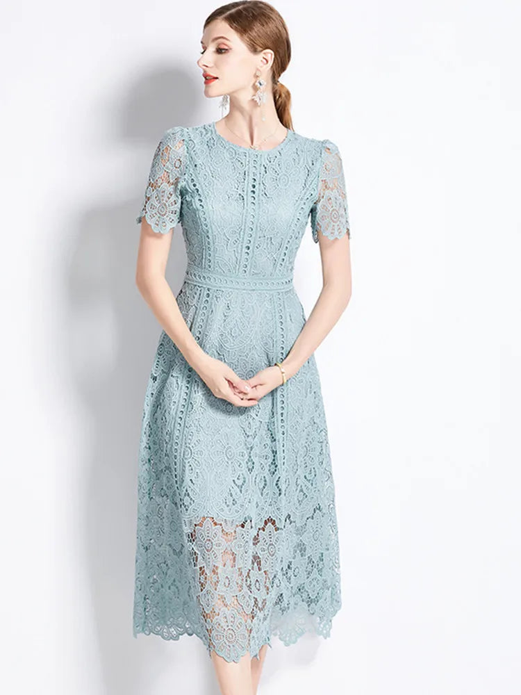 SMTHMA Vintage High-End O-Neck Short Sleeve Lace Hollow Out Dress For Women's