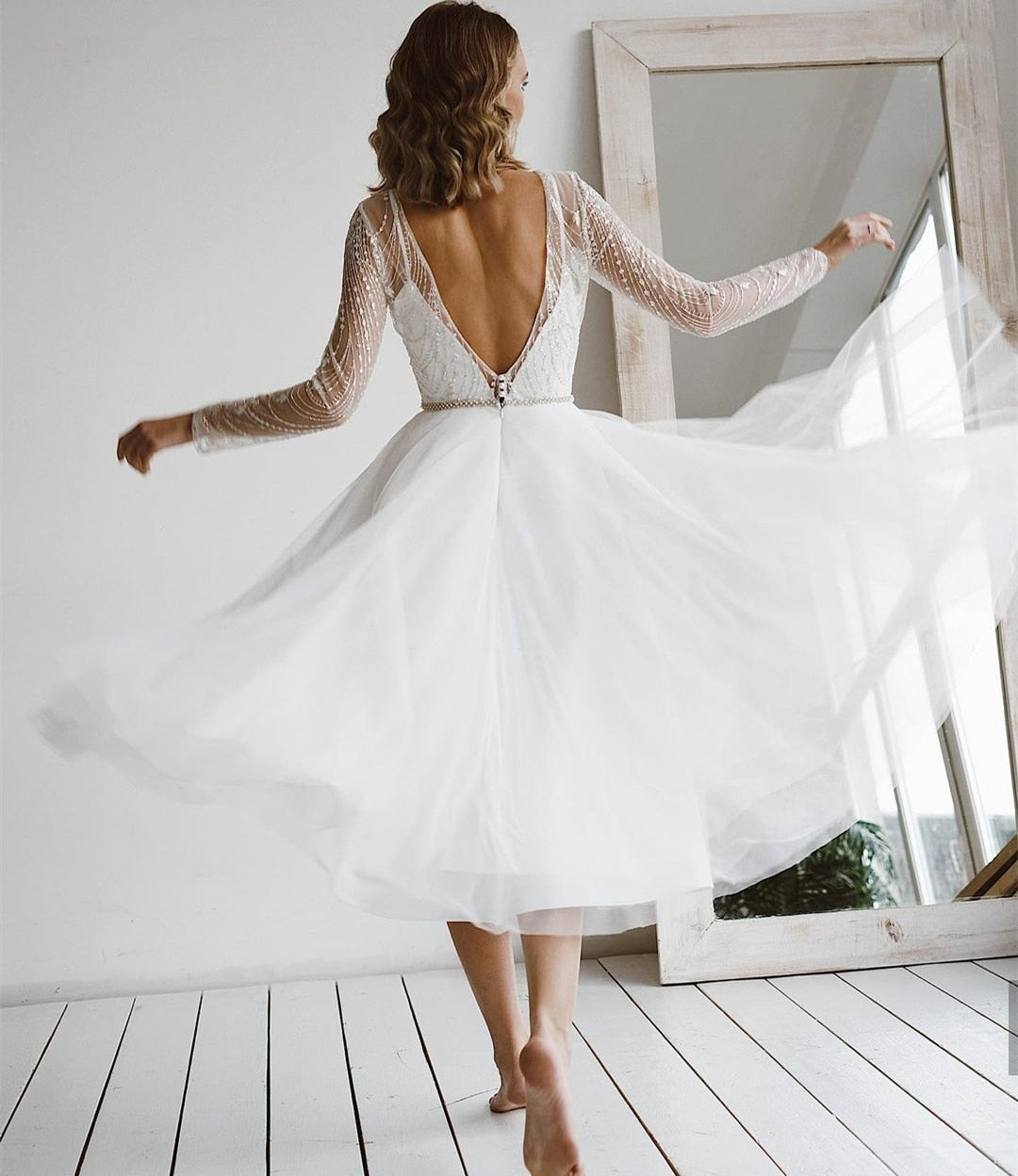 White Bridesmaid Dresses: Wedding Dress Long Sleeves Beading Sashes Backless