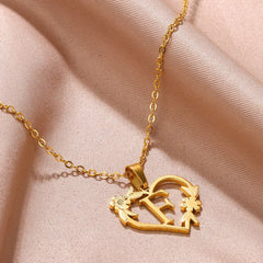 Gold Color Dainty Flower Initials Necklace Women Girl Stainless Steel Heart Letter