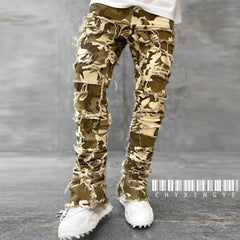 European Camo Pants Men High Street Slim Fit Stretch Patched Denim Ripped