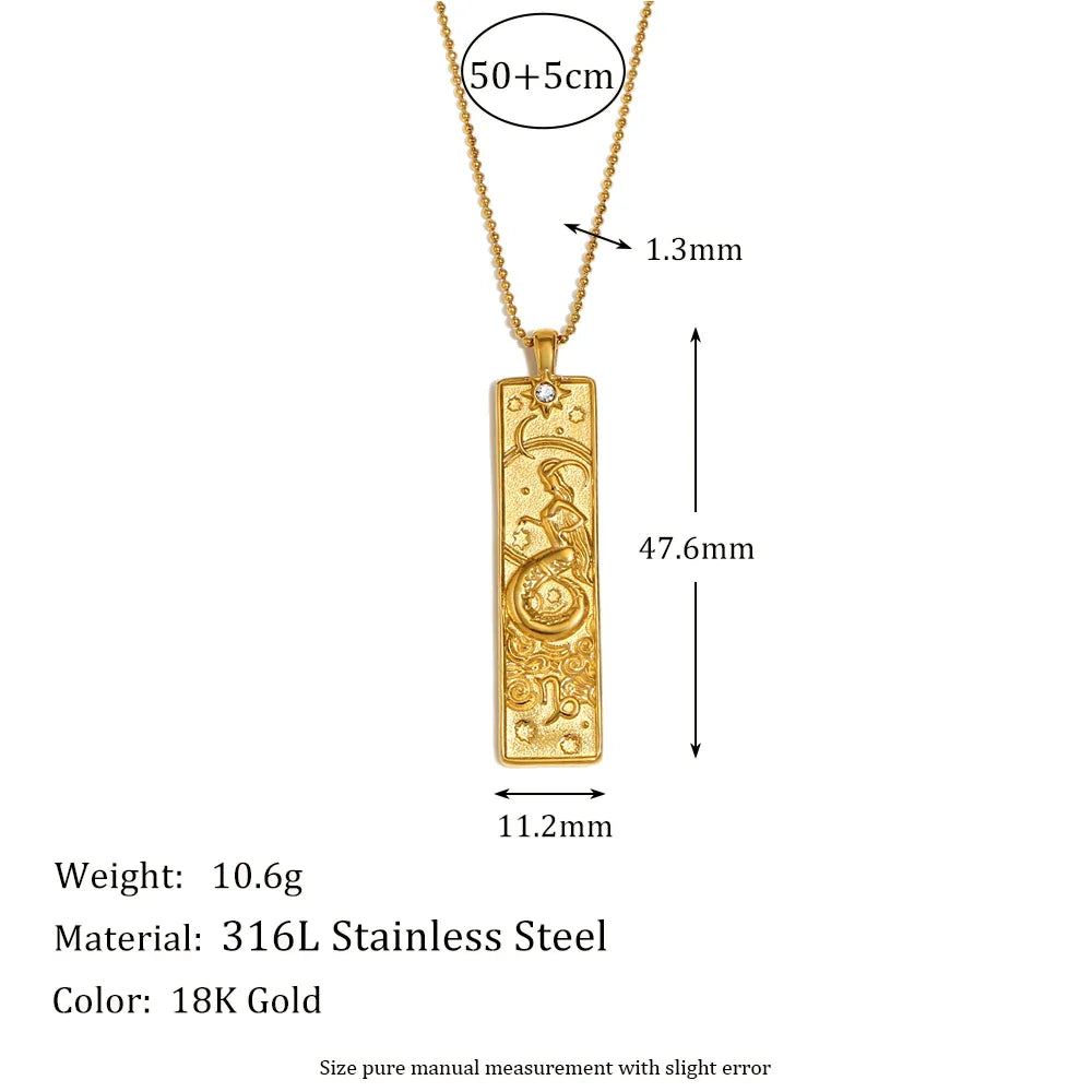 E.B.belle 18k Gold Plated Rectangle Shape 12 Constellation Pendant Necklace Stainless Steel Waterproof Fashion Women's Jewelry