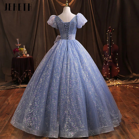 Glitter Prom Gown Puff Sleeves Princess Birthday Dresses Evening Party For Women