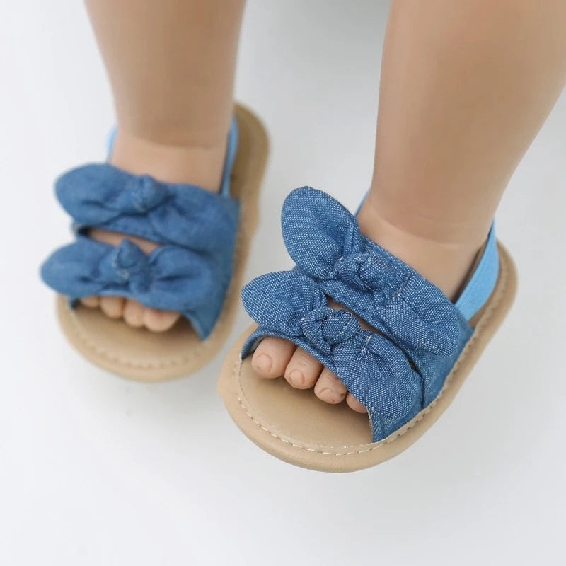 0-18M Baby Girls Breathable Anti-Slip Bow Shoes Summer Sandals Toddler Soft Soled First Walkers PU Cotton Fabric Elastic Band