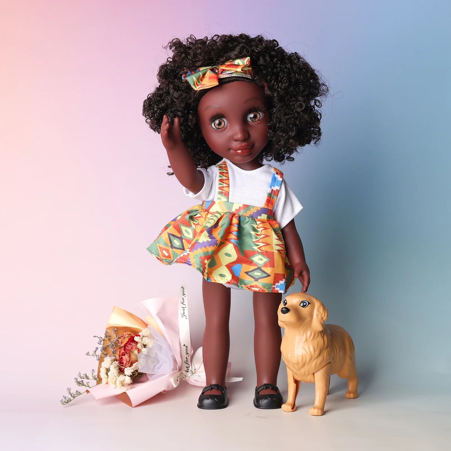 One Piece 14 Inch American African Black Doll with Curly Hair - Perfect Gift for Girls on Birthday - Full Set Included