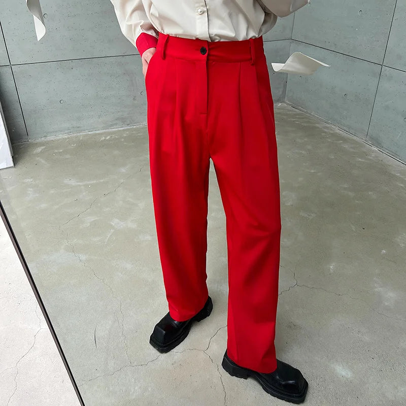 Red Suit Pants Men Fashion Social Mens Dress Pants Korean Loose Straight Wide Leg