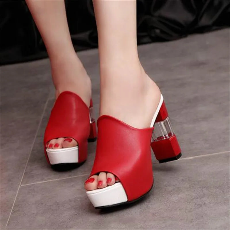 Ladies Leather Sole Slippers Women Sexy High Heel Mules Clogs Black Peep Toe Platform Mules Emal Slip on Sandals Shoes